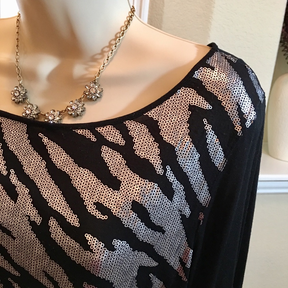 Black and Metallic Silver Long Sleeve T-shirt Top.
